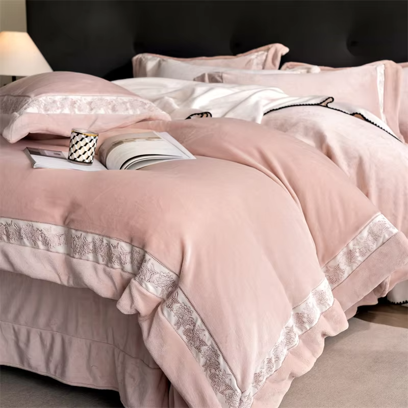 Winter Thickened Milk Velvet Warm Luxury Bedding Set Embroidery Wide Edge Duvet Cover Flat/Fitted Bed Sheet Pillowcases 4Pcs