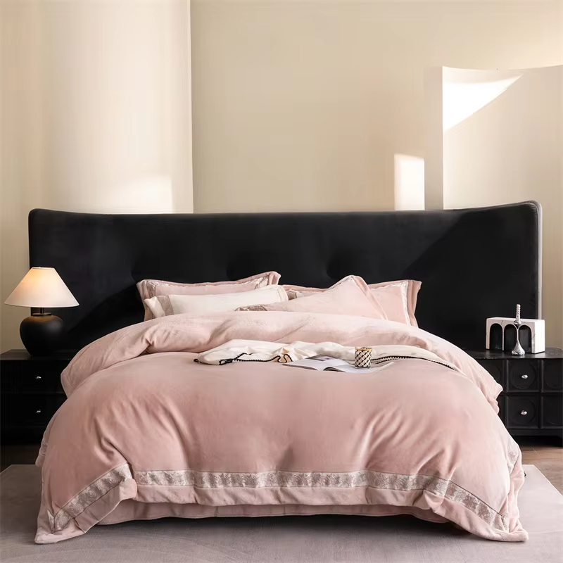 Winter Thickened Milk Velvet Warm Luxury Bedding Set Embroidery Wide Edge Duvet Cover Flat/Fitted Bed Sheet Pillowcases 4Pcs