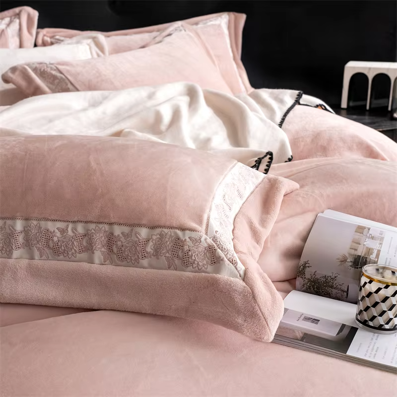 Winter Thickened Milk Velvet Warm Luxury Bedding Set Embroidery Wide Edge Duvet Cover Flat/Fitted Bed Sheet Pillowcases 4Pcs