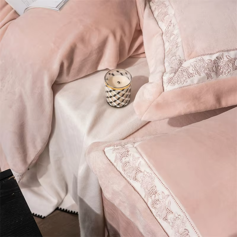 Winter Thickened Milk Velvet Warm Luxury Bedding Set Embroidery Wide Edge Duvet Cover Flat/Fitted Bed Sheet Pillowcases 4Pcs