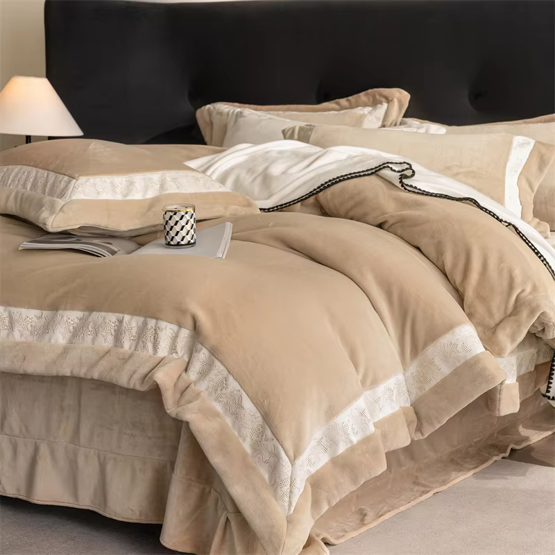 Winter Thickened Milk Velvet Warm Luxury Bedding Set Embroidery Wide Edge Duvet Cover Flat/Fitted Bed Sheet Pillowcases 4Pcs