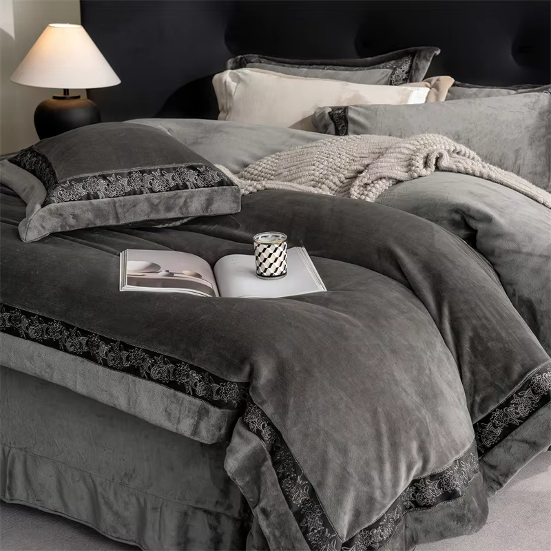 Winter Thickened Milk Velvet Warm Luxury Bedding Set Embroidery Wide Edge Duvet Cover Flat/Fitted Bed Sheet Pillowcases 4Pcs