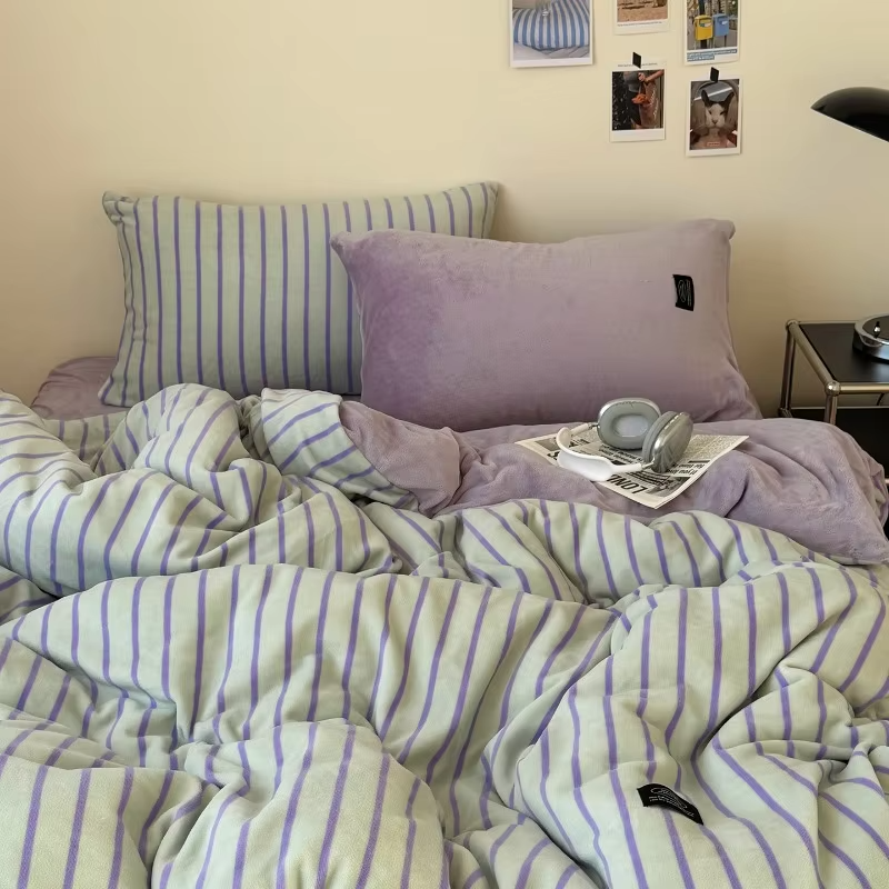 Korean version autumn and winter milk fleece four-piece set thickened warm fleece bed sheet quilt cover dormitory