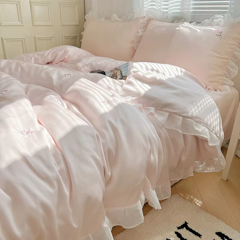 Embroidery Duvet cover Pillowcases Comfy Simple Soft Textured Cool Refreshing Feel Bedding For Summer Washed Silk Sheet Set