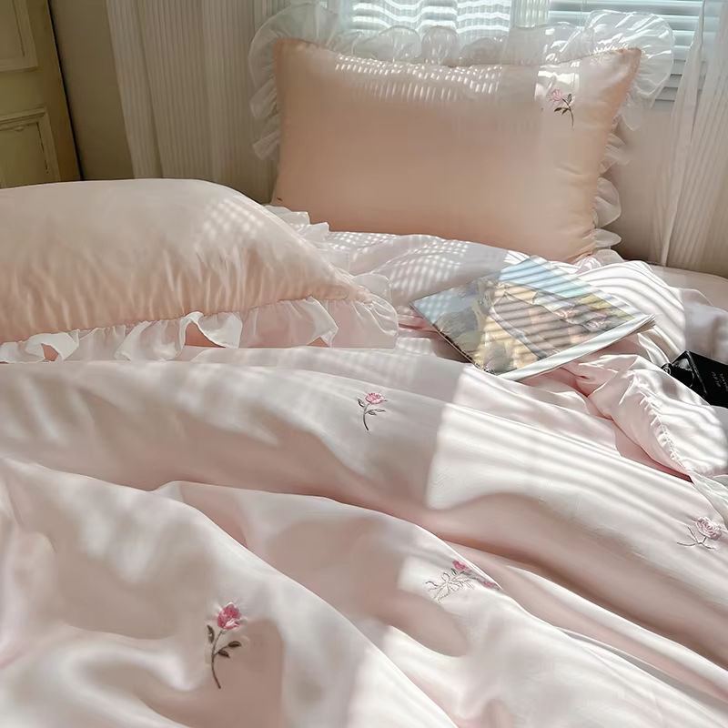 Embroidery Duvet cover Pillowcases Comfy Simple Soft Textured Cool Refreshing Feel Bedding For Summer Washed Silk Sheet Set