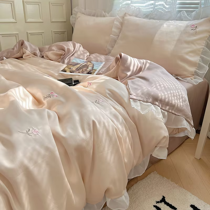 Embroidery Duvet cover Pillowcases Comfy Simple Soft Textured Cool Refreshing Feel Bedding For Summer Washed Silk Sheet Set