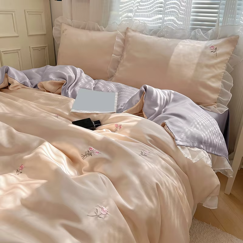 Embroidery Duvet cover Pillowcases Comfy Simple Soft Textured Cool Refreshing Feel Bedding For Summer Washed Silk Sheet Set