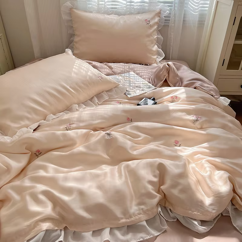 Embroidery Duvet cover Pillowcases Comfy Simple Soft Textured Cool Refreshing Feel Bedding For Summer Washed Silk Sheet Set