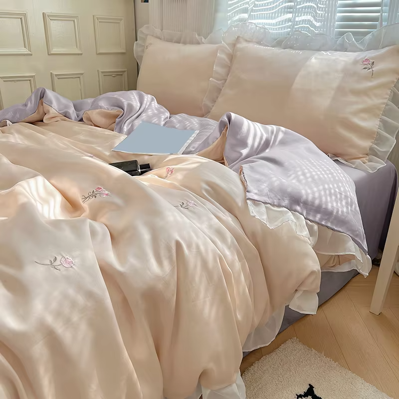 Embroidery Duvet cover Pillowcases Comfy Simple Soft Textured Cool Refreshing Feel Bedding For Summer Washed Silk Sheet Set